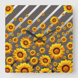 Schöne gelbe Blumen auf grauen, silbernen Streifen Quadratische Wanduhr