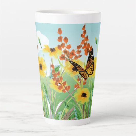 Schöne gelbe Blumen Blauer Himmel und Schmetterlin Milchtasse (Vorderseite)