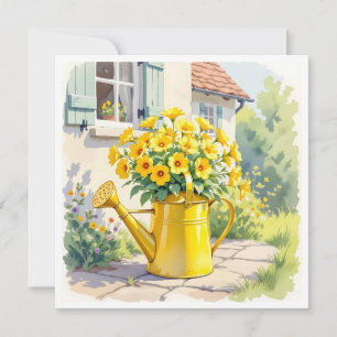 Schöne gelbe Blumen im Gießkanne Karte