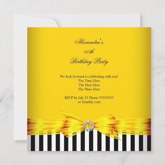 Schöne gelbe Schwarz-weiße Streifenfeier Einladung (Rückseite)