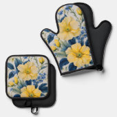 Schöne gelbe und blaue Blumen Ofenhandschuh & Topflappen-Set (Vorderseite/Rückseite)