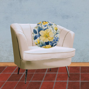 Schöne gelbe und blaue Blumen Rundes Kissen