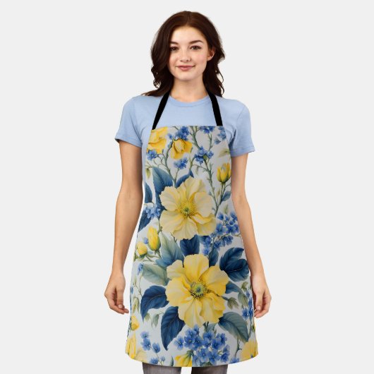 Schöne gelbe und blaue Blumen Schürze (Getragen)