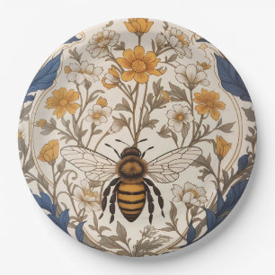 Schöne gelbe und blaue florale Vintage Biene Pappteller