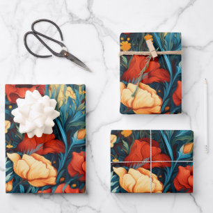 Schöne Gelbe und Rote Blume Botanische Schrift Geschenkpapier Set
