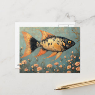 Schöne Gepunktete Schwarze Fische und rosa Blume Postkarte