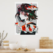 Schöne Gezeichnet Kunst - Anime Girl mit Koi Fish Poster (Küche)