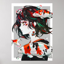 Schöne Gezeichnet Kunst - Anime Girl mit Koi Fish