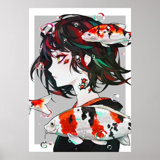 Schöne Gezeichnet Kunst - Anime Girl mit Koi Fish Poster (Vorne)