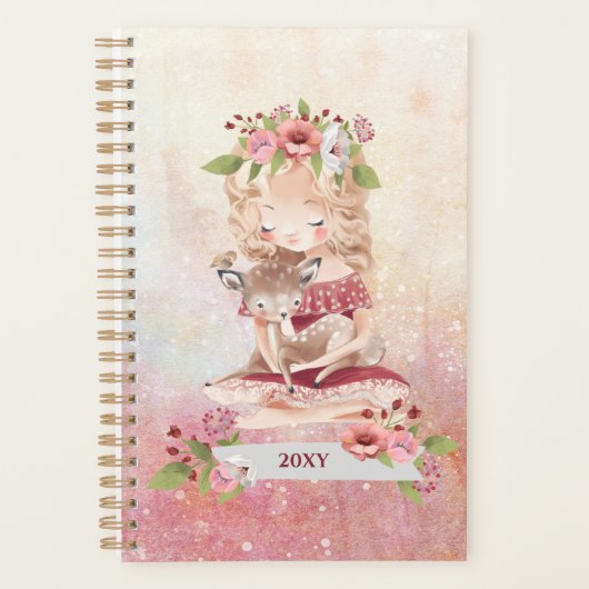 Schöne Girl and Deer Schöne Illustration Planer (Vorderseite)