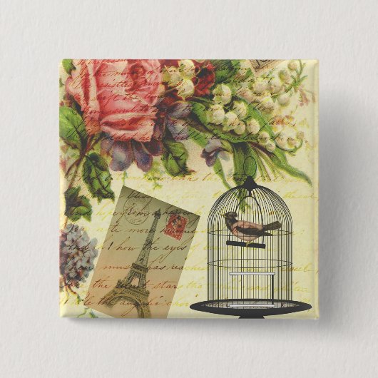 Schöne girly vintage Rosen Blumen Eiffelturm Button (Vorderseite)