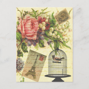 Schöne girly vintage Rosen Blumen Eiffelturm Postkarte