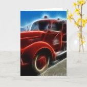 Schöne glänzende antike rote Löschfahrzeug-Kunst Karte (Gelbe Blume)