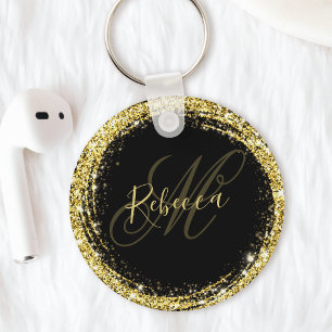 Schöne Gold Glitter-Monogramm-Name Schwarzer Glamo Schlüsselanhänger