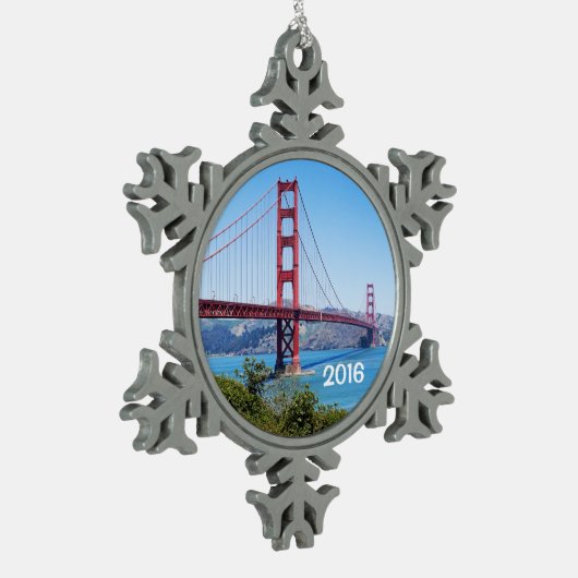 Schöne Golden Gate Bridge Schneeflocken Zinn-Ornament (Links)