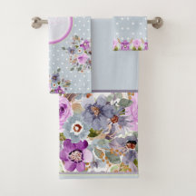 Schöne goldene lila Blüte auf grauem Polka Punkt