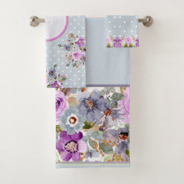 Schöne goldene lila Blüte auf grauem Polka Punkt Badhandtuch Set