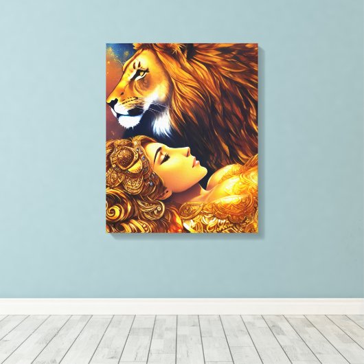 Schöne goldene Löwe und gemauerte Canvas Leinwanddruck (Insitu (Holzboden))