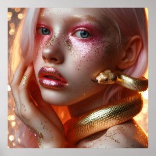 Schöne goldene Schlange mit Mädchen Poster