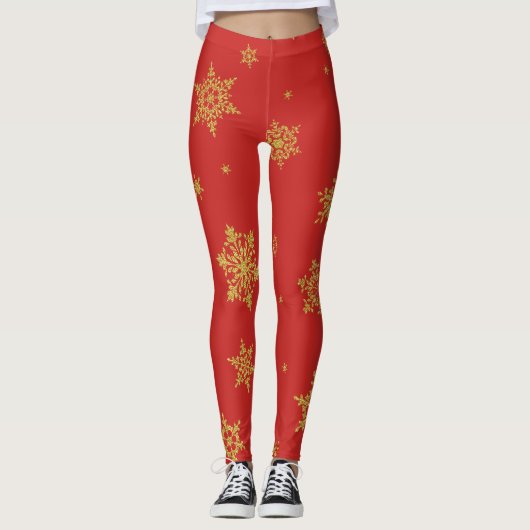 Schöne Goldene Schneeflocken zu Roten Weihnachten Leggings (Vorderseite)