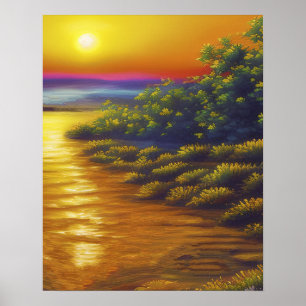Schöne goldene Sonnenuntergangs-Ozeanstrandpflanze Poster