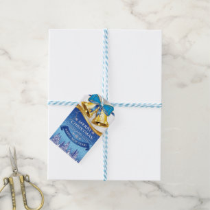 Schöne goldene Weihnachtsglocken mit blauem Schlei Geschenkanhänger