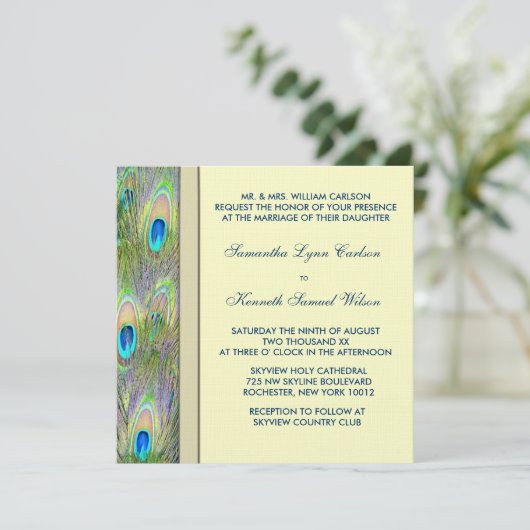 Schöne Goldpfauenhochzeit Einladung (Stehend Vorderseite)