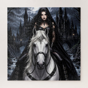 Schöne gotische Frau auf weißem Pferd  Puzzle