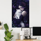 Schöne Gotische Frau und ihre weiße Katze Poster (Heimbüro)