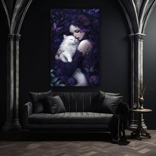 Schöne Gotische Frau und ihre weiße Katze Poster