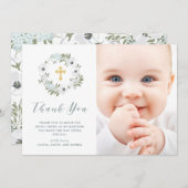 Schöne Graue und weiße Flora| Foto Taufe Dankeskarte (Vorne/Hinten)