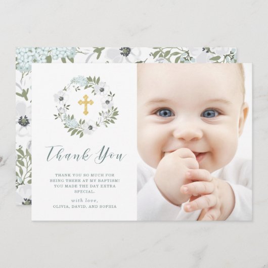 Schöne Graue und weiße Flora| Foto Taufe Dankeskarte (Vorne/Hinten)