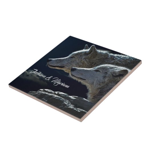 Schöne graue Wölfe nachts Fliese (Seite)