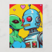 Schöne grüne Alien in Liebe mit einem Roboter Postkarte (Vorderseite)