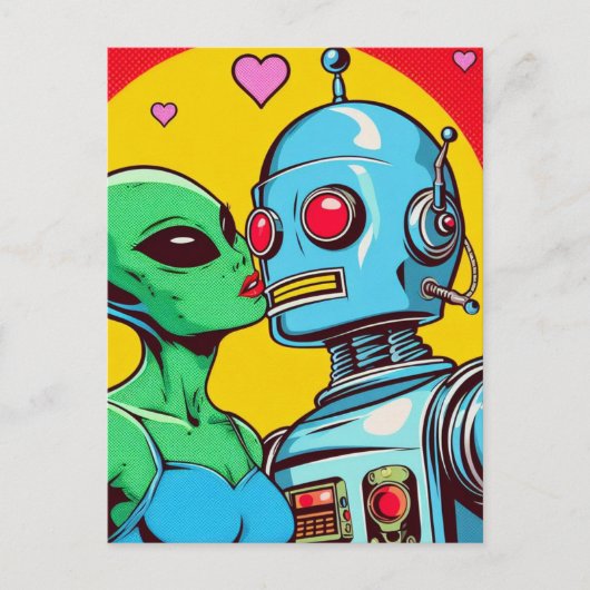 Schöne grüne Alien in Liebe mit einem Roboter Postkarte (Vorderseite)