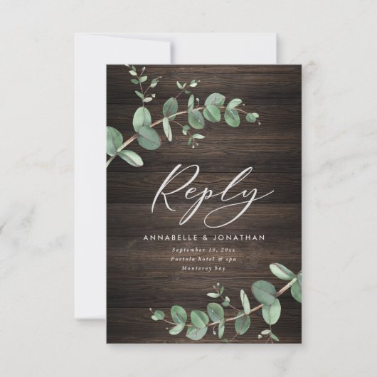 schöne grüne Eukalyptus-Hochzeit aus dunklem Holz RSVP Karte (Vorderseite)