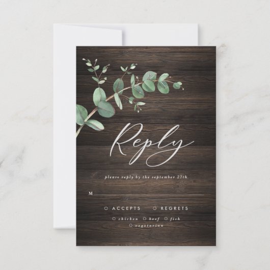 schöne grüne Eukalyptus-Hochzeit aus dunklem Holz RSVP Karte (Rückseite)
