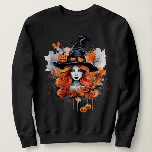 Schöne grüne Mit Augen Hexe mit Pumpkins Sweatshirt (Design vorne)