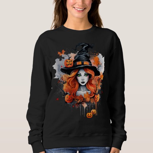 Schöne grüne Mit Augen Hexe mit Pumpkins Sweatshirt (Vorderseite)