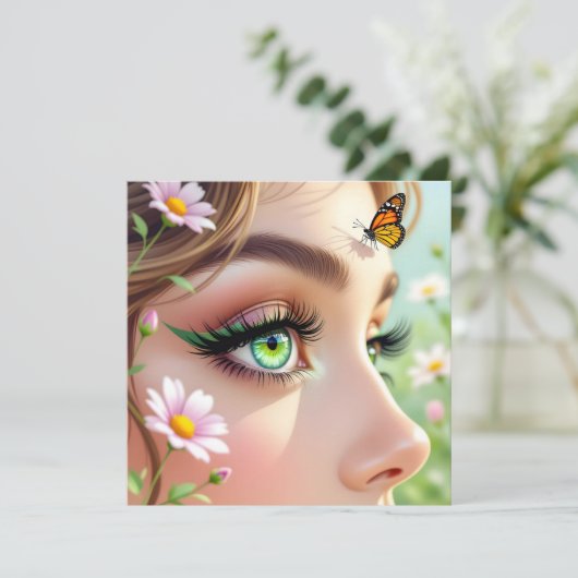Schöne grüne Mit Augen Märchen und Schmetterlingss Karte (Stehend Vorderseite)