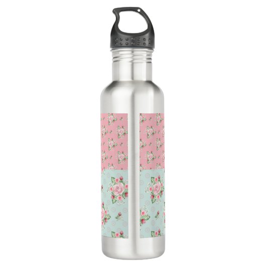 Schöne, grüne und rosa Blumenmuster Edelstahlflasche (Rückseite)