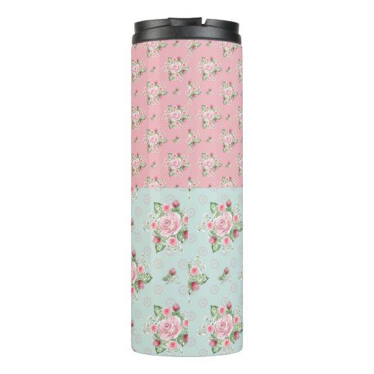 Schöne, grüne und rosa Blumenmuster Thermosbecher (Rückseite)