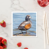 Schöne Harlequin-Ente am Felsen Serviette (Beispiel)