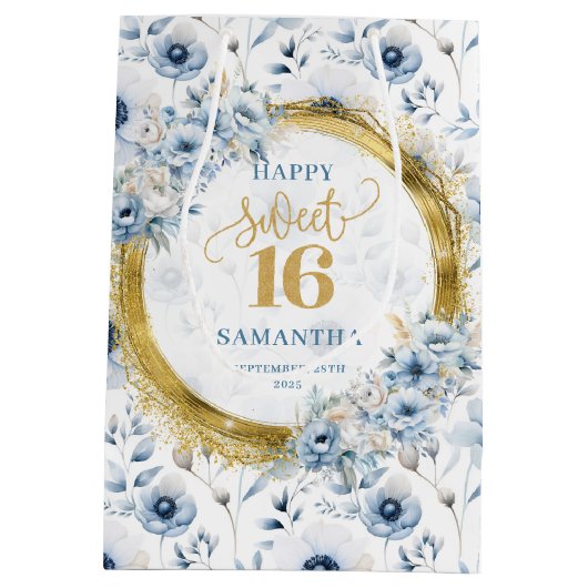 Schöne hellblaue Blumen Sweet 16 Gold Glitzer Mittlere Geschenktüte (Rückseite)