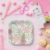 Schöne hellrosa und grüne Blume Pappteller (Party)