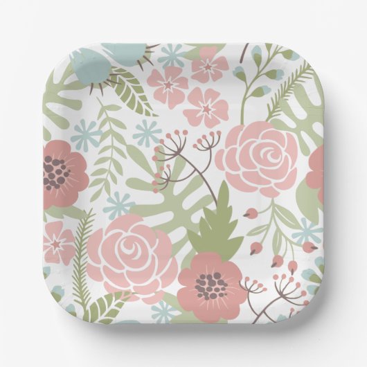 Schöne hellrosa und grüne Blume Pappteller (Vorderseite)