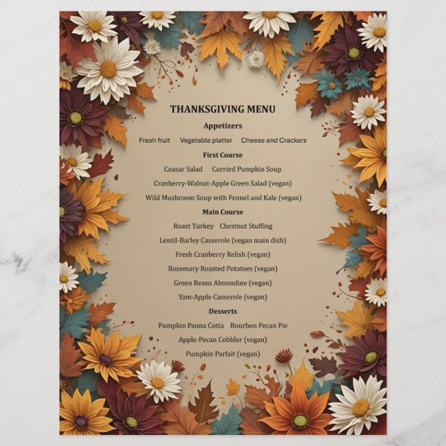 Schöne Herbstblumen Blätter Menü Einladung (Vorderseite)