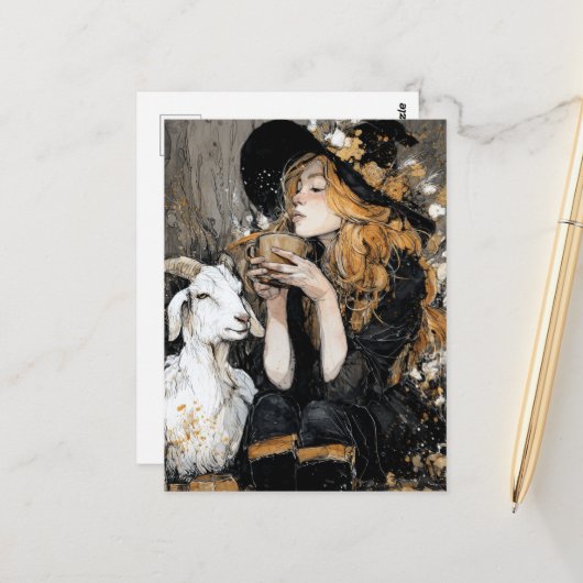 Schöne Herbsthexe und weiße Ziege Postkarte (Vorderseite/Rückseite Beispiel)