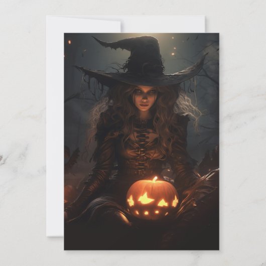 Schöne Hexe und Kürbiskins Halloween Einladung (Rückseite)