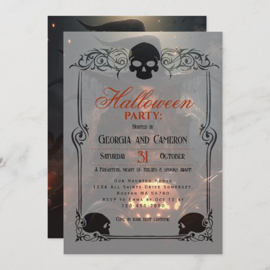 Schöne Hexe und Kürbiskins Halloween Einladung (Vorne/Hinten)